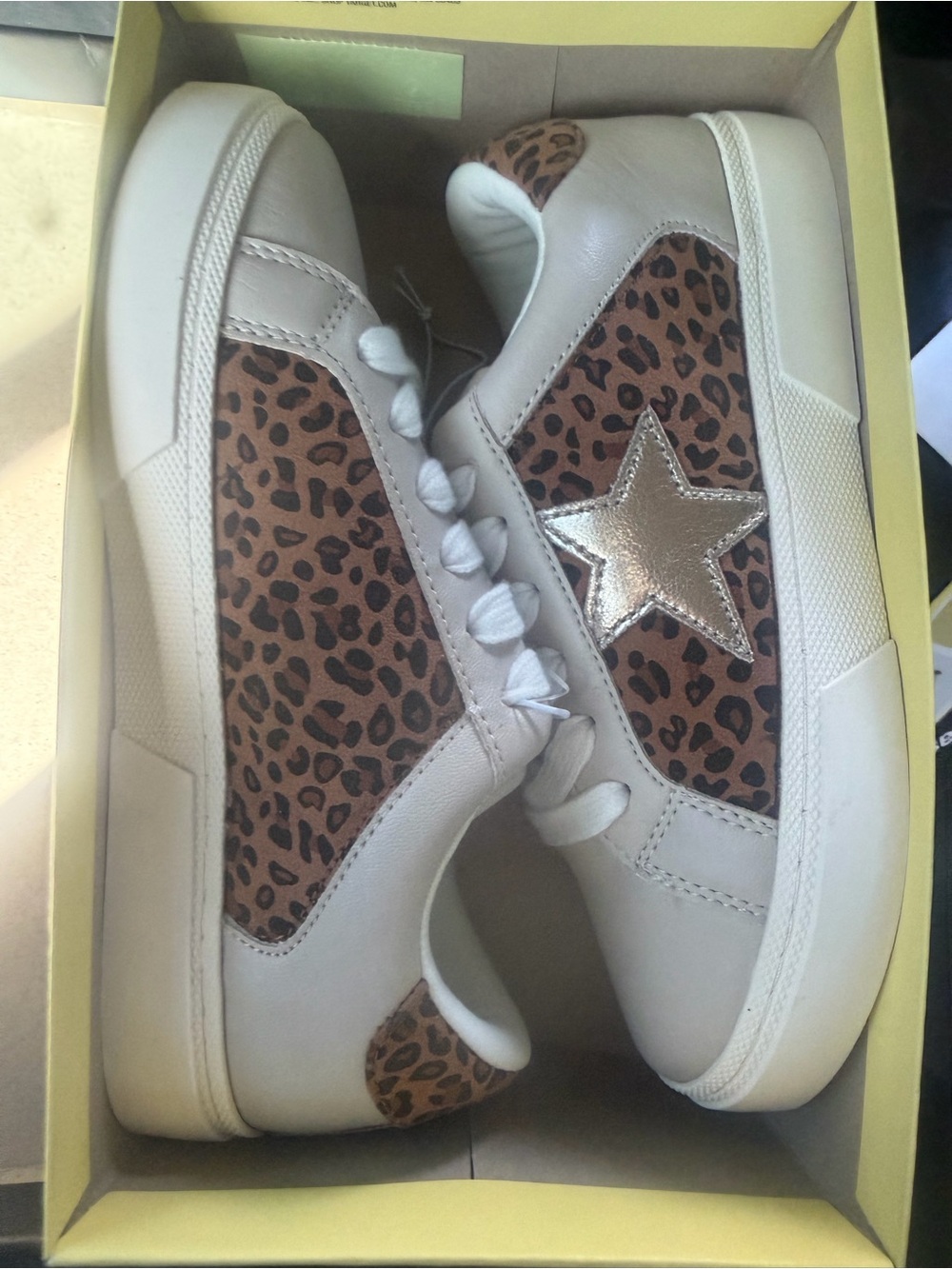 White & Leopard Print Women's Casual Sneakers with Metallic Star